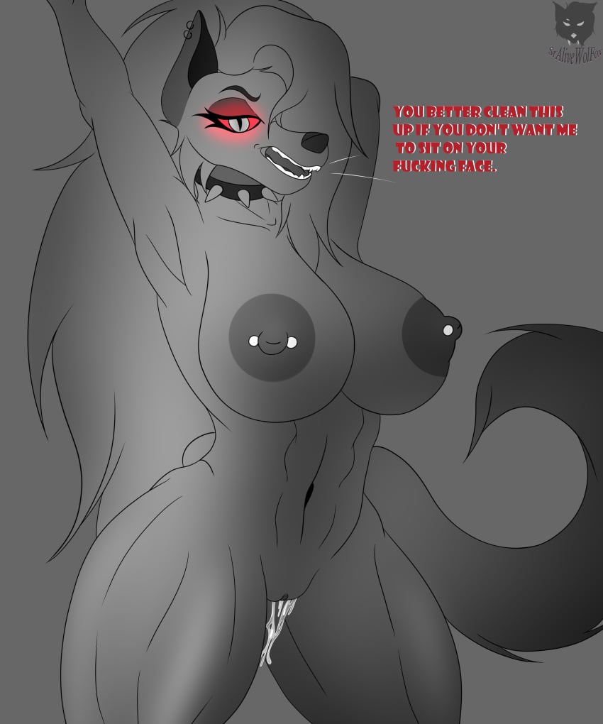 absurd_res anthro areola ass big_breasts bodily_fluids breasts canid canid_demon collar cum demon digital_media_(artwork) ear_piercing female fur genital_fluids genitals greyscale hair hellhound helluva_boss hi_res huge_breasts long_hair looking_at_viewer loona_(helluva_boss) mammal monochrome nipple_piercing nipples nude piercing pussy red_eyes simple_background solo sralivewolfox text thick_thighs tongue