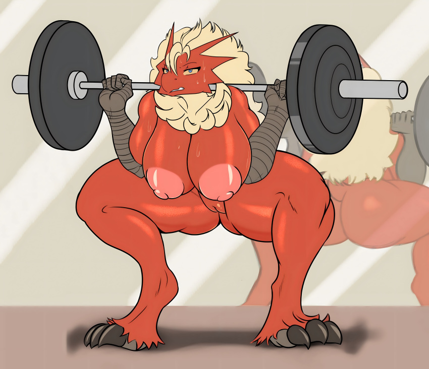 1girls ass avian big_ass big_breasts big_butt blaziken breasts butt female gym muscular_female pokemon pokemon_(species) pokemon_species pussy red_skin seii3 workout yellow_hair