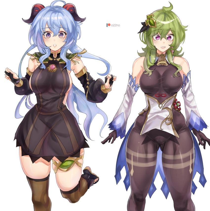 2girls artist_name big_breasts blue_hair breasts busty clothes_swap collei_(genshin_impact) female female_only ganyu_(genshin_impact) genshin_impact green_hair multiple_girls o22no purple_eyes simple_background thick_thighs thighs white_background