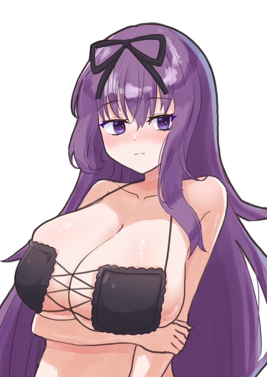 1girls big_breasts bikini_top blush breasts cleavage female female_only hair hair_ornament huge_breasts murasaki_(senran_kagura) otouto_26 purple_bikini purple_eyes purple_hair senran_kagura solo solo_female square_bikini swimsuit swimwear topwear