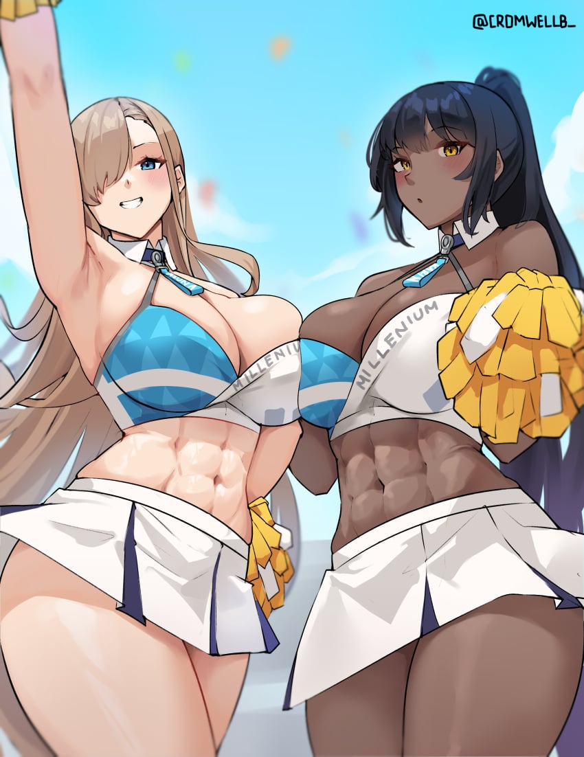 2girls abs asuna_(blue_archive) big_breasts blue_archive breasts cheerleader cheerleader_uniform cromwellb dark-skinned_female dark_skin female female_focus female_only hibiki_(cheerleader)_(blue_archive)_(cosplay) karin_(blue_archive) light-skinned_female light_skin millennium_cheerleader_outfit_(blue_archive) millennium_science_school_student muscles muscular muscular_female sports_bra thick_thighs