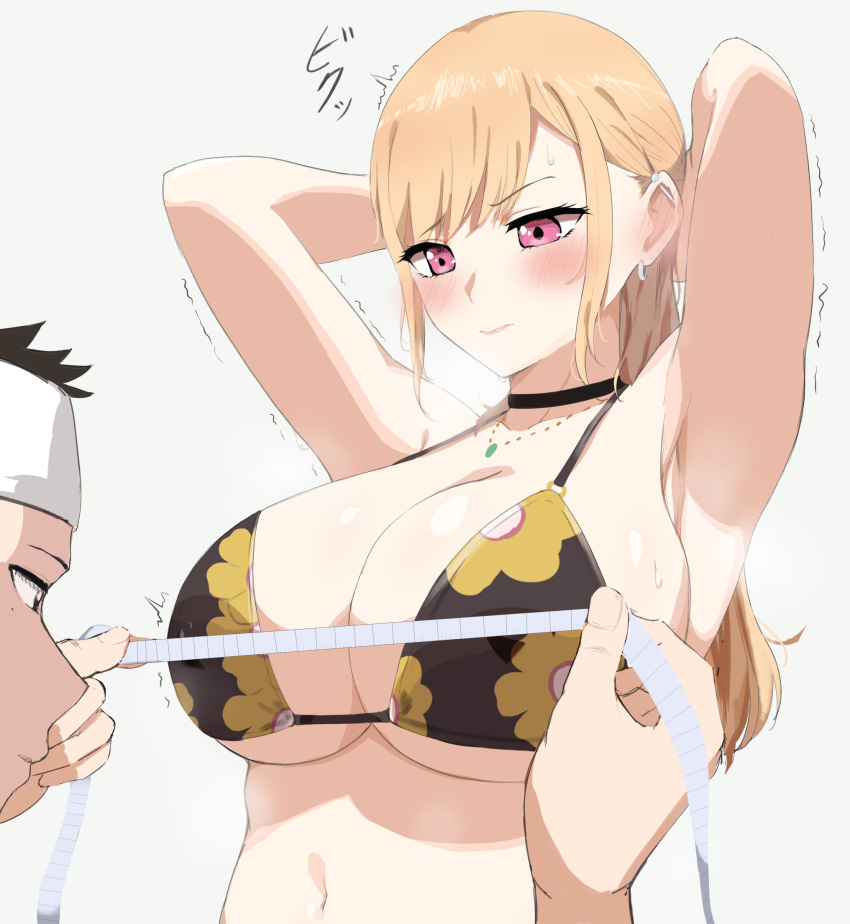 1boy 1girls 2022 arms_behind_head arms_up bikini black_bikini black_hair blonde_hair blush breasts bust_measuring choker cleavage closed_mouth covered_nipples ear_piercing earrings floral_print gojou_wakana gyaru halterneck highres jewelry kitagawa_marin large_breasts long_hair looking_at_another looking_at_breasts measuring navel nayutayutautau necklace out_of_frame piercing pink_eyes ponytail print_bikini sidelocks sono_bisque_doll_wa_koi_wo_suru strap_gap sweat swimsuit tape_measure trembling twitching upper_body white_background