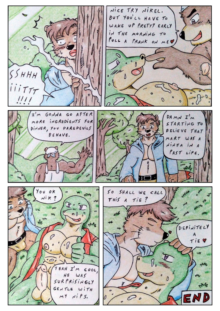 abs absurd_res anthro balls bandana barazoku big_pecs black_nose blue_clothing blue_eyes blush blush_lines bodily_fluids brown_body brown_eyes brown_fur brown_hair bulge challenge clothed clothing comic comic_panel cum cum_covered cumshot dashthefox dialogue duo ejaculation erection forehead_kiss forest forest_background fur genital_fluids genitals gesture grass green_body group hair heart heart_after_text hi_res kai_(disambiguation) kerchief kissing lizard lutrine lying_on_ground male male/male mammal manly marteau messy mustelid nature nature_background nikel nipples obliques on_ground open_clothing open_mouth open_shirt open_topwear pecs penis pink_nipples pink_penis plant pointing pointing_at_another purple_eyes red_clothing reptile scalie shirt shocked speech_bubble surprise surprised_expression sweat sweatdrop thumbs_up tired topwear traditional_media_(artwork) tree trio underwear ursid waving_hand whiskers white_clothing