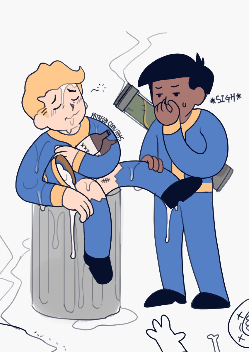 after_sex alcohol caught clothing color cum dark_skin drunk fallout fallout_4 gay human jumpsuit male male_only pale_skin public ra4s smell smelly thrown_away torn_clothes trash_can vault_boy vault_suit