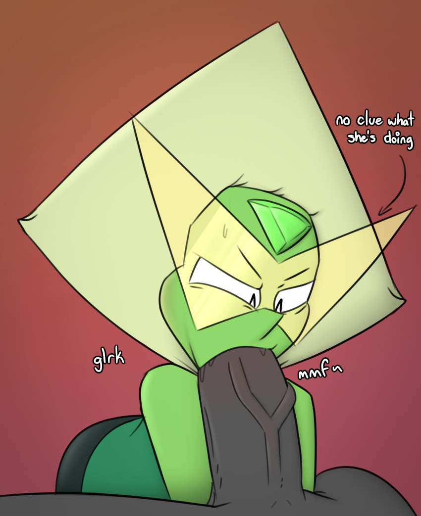 1boy 1girls ass big_penis blowjob cartoon_network chunknudies colored_skin faceless_male fellatio female gem gem_(species) green_body green_skin male on_all_fours oral penis peridot_(steven_universe) steven_universe tagme text veiny_penis