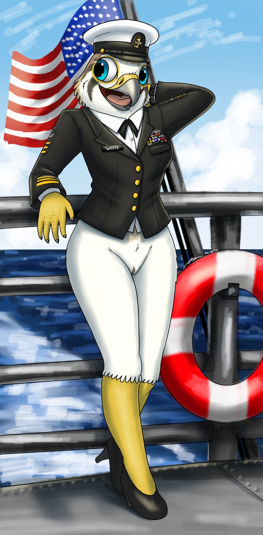 absurd_res anthro bottomless clothed clothing evy_(fish_birb) female fish_birb footwear genitals hi_res high_heels navy navy_hat no_underwear partially_clothed pussy sea ship solo u.s._navy vehicle water watercraft