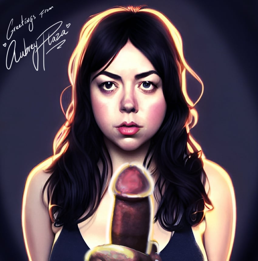 ai_generated aubrey_plaza autograph big_penis black_hair blue_eyes celebrity dress expressionless handjob interracial mixed_media penis unseen_male_face