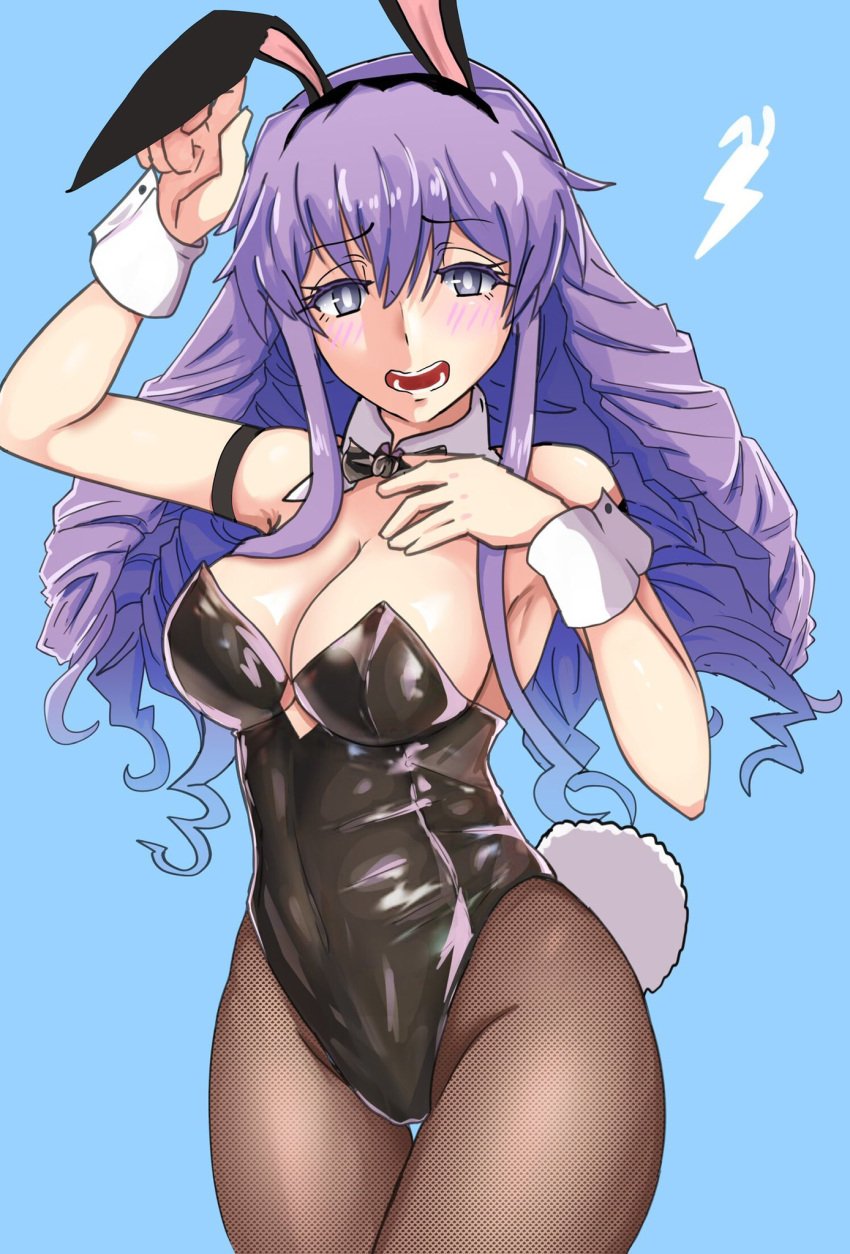 1girls big_breasts blue_background blush breasts bunnysuit cleavage ebora female hokaze_junko long_hair open_mouth purple_eyes purple_hair solo tagme to_aru_kagaku_no_railgun to_aru_majutsu_no_index youngmanisdown