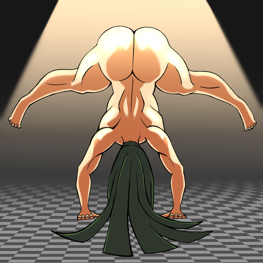 ass back_view big_ass bubble_butt checkered_floor dual_dragon female female green_hair hair_on_floor handstand long_hair muscular muscular_female naked nude original_character simple_background thick_thighs