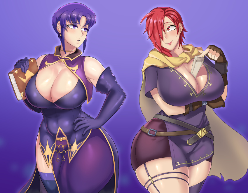 2girls asymmetrical_clothes bare_thighs between_breasts book breasts cape cleavage earrings elbow_gloves female female_only fingerless_gloves fire_emblem fire_emblem:_the_blazing_blade garter_straps gloves hair_over_one_eye hand_on_hip huge_breasts leila_(fire_emblem) linkxs lipstick looking_at_another medium_hair multiple_girls nintendo open_mouth paper pink_lips pink_lipstick purple_eyes purple_hair red_eyes red_hair scroll seductive short_hair suggestive thick_thighs thighhighs thighs ursula_(fire_emblem) voluptuous wide_hips