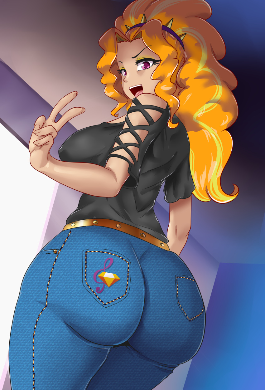 1girls adagio_dazzle ass big_ass big_breasts breasts bubble_butt cogbrony curvaceous curvy dat_ass equestria_girls female female_only friendship_is_magic hasbro hi_res highres jeans my_little_pony peace_sign solo solo_female thick_ass tight_clothing wide_hips