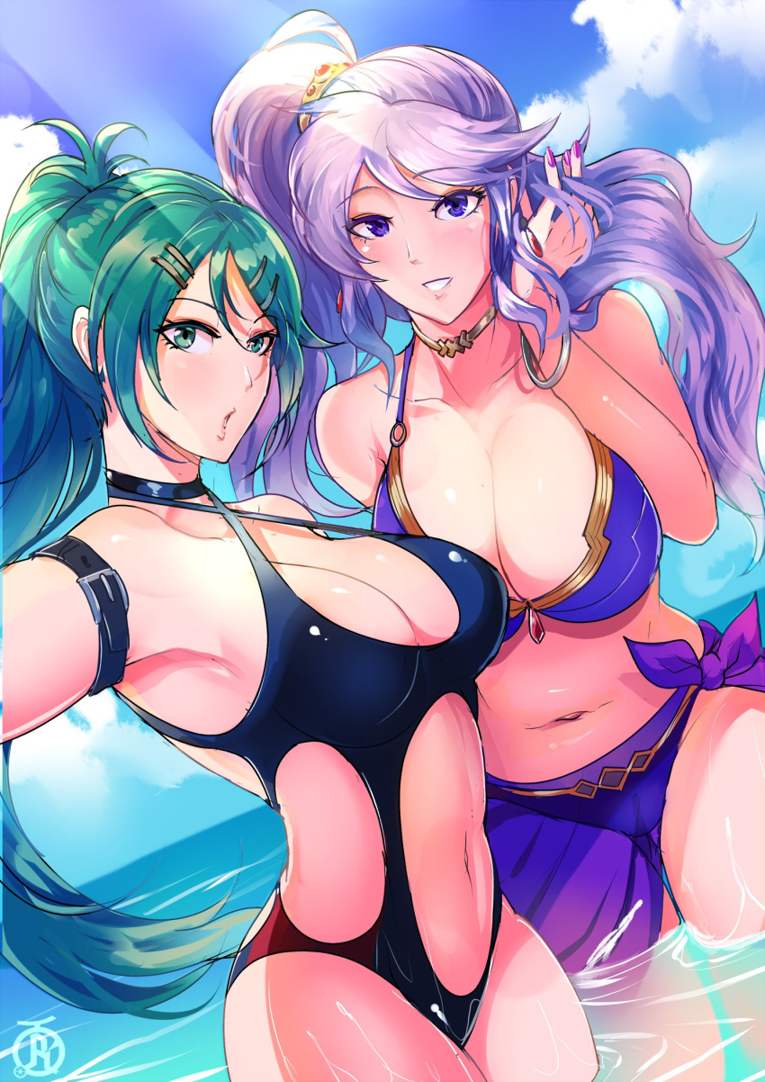 2girls alternate_costume armpits ass_visible_through_thighs bare_thighs black_one-piece_swimsuit black_swimsuit breasts cleavage color earrings female female_only fire_emblem fire_emblem:_genealogy_of_the_holy_war green_eyes green_hair ishtar_(fire_emblem) kurono_kiria large_breasts long_hair looking_at_viewer multiple_girls nail_polish nintendo ocean one-piece_swimsuit open_mouth outdoors partially_submerged ponytail purple_bikini purple_eyes purple_hair purple_nails purple_swimsuit reaching_out revolverwingstudios sarong see-through selfie side_ponytail smile thick_thighs thighs tokyo_mirage_sessions_#fe very_long_hair water