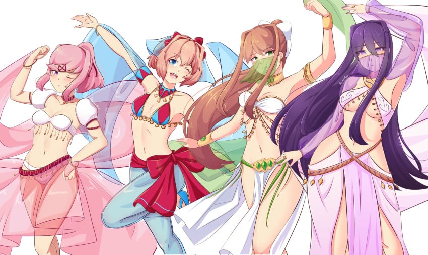 4girls ;d alternate_costume alternate_hairstyle arabian_clothes armpits arms_up bangs bare_legs bare_shoulders bare_thighs belly belly_button belly_dancer belly_dancer_outfit belly_dancing big_ass big_breasts blue_eyes blush bra breasts brown_hair choker cleavage collarbone dance dancer dancer_outfit dancing doki_doki_literature_club earrings exposed_breasts exposed_thighs female female_only green_eyes hair hairclip harem harem_girl harem_outfit highres hips jewelry large_ass large_breasts loincloth long_hair looking_at_viewer loose_clothes lots_of_jewelry medium_hair midriff monika_(doki_doki_literature_club) mouth_veil multiple_girls natsuki_(doki_doki_literature_club) navel one_eye_closed open_mouth panties pelvic_curtain pink_hair ponytail purple_clothing purple_eyes purple_hair raion_(raionart) raionart revealing_clothes ring rope sayori_(doki_doki_literature_club) see-through shaking shaking_ass shaking_butt shaking_hips short_hair shy small_breasts smile thick_thighs thighs underboob underwear veil very_long_hair white_background white_panties wide_hips wiggle wiggling wink yuri_(doki_doki_literature_club)