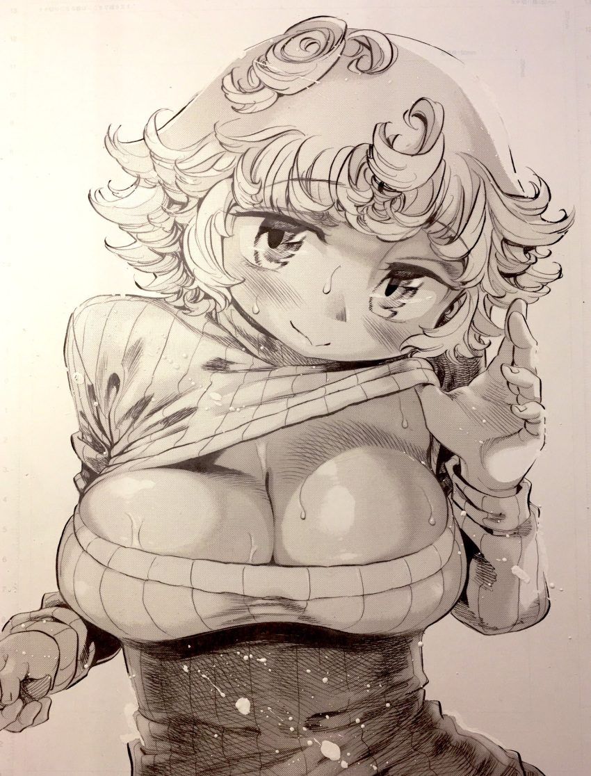 alternate_costume big_breasts blush cleavage cleavage_cutout curly_hair female female_only flashing keyhole keyhole_turtleneck kikimolaru looking_at_viewer made_in_abyss monochrome prushka screentone shirt_lift short_hair smile solo sweat sweater traditional_media_(artwork) turtleneck