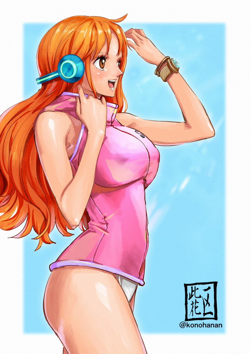 1girls big_breasts breasts brown_eyes curvy egghead female female_only konohana log_pose long_hair nami nipple_bulge no_pants one_piece orange_hair panties pink_topwear post-timeskip smile solo thick_thighs