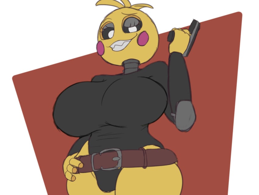 1girls belt belt_buckle big_breasts exposed_thighs five_nights_at_freddy's five_nights_at_freddy's_2 goomogudra gun hand_on_hip haydee_(cosplay) haydee_(game) looking_at_viewer tagme thunder_thighs toy_chica_(fnaf)