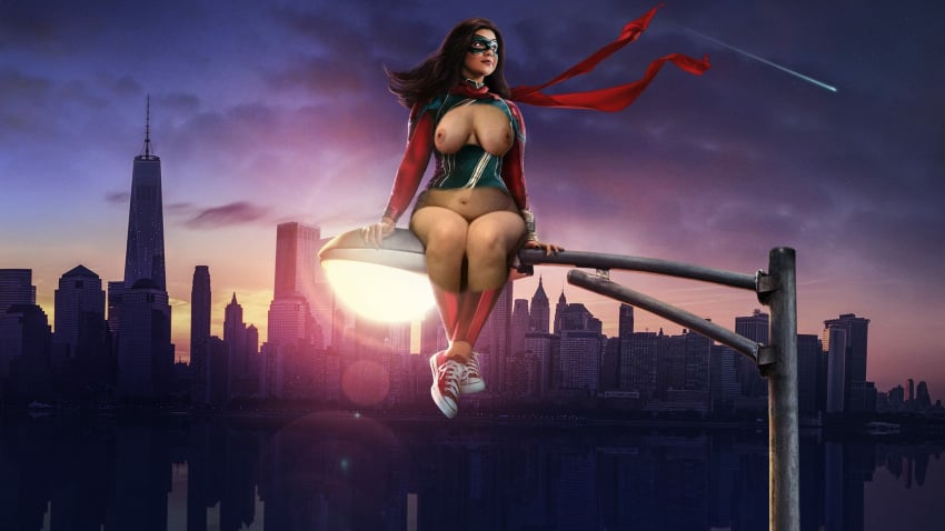 1girls accurate_art_style bbw big_ass big_breasts big_butt breasts celebrity chubby chubby_female city city_background cityscape converse curvaceous curvy curvy_female curvy_figure dark-skinned_female dark_skin domino_mask fakes female female_only hero heroine huge_breasts iman_vellani kamala_khan large_breasts light marvel marvel_cinematic_universe mask middle_eastern middle_eastern_female ms._marvel naked new_york_city official_style only_female only_one_naked persian_female photorealism photorealistic real_person realistic red_scarf scarf shoes shooting_star sitting sky solo solo_female street_light streetlight suit superhero_costume superheroine thick_ass thick_thighs thighs tv_show voluptuous voluptuous_female wide_hips