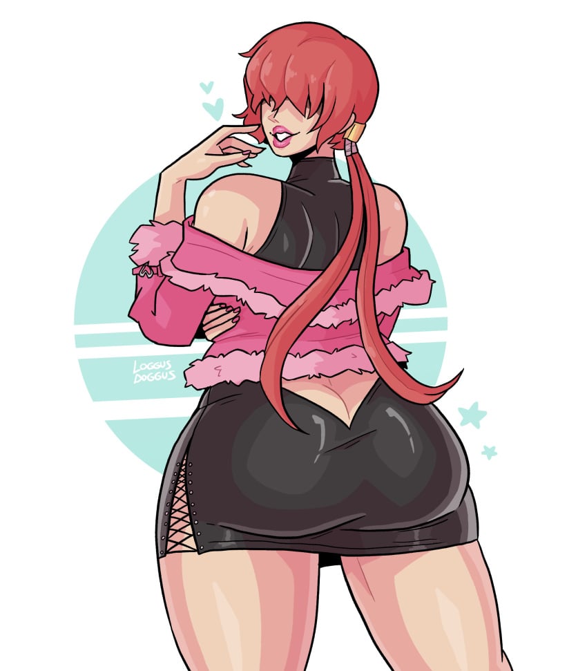 ass ass_cleavage ass_in_dress big_ass butt_crack dress flirty fur_jacket hidden_eyes jacket king_of_fighters large_ass little_black_dress loggus_doggus pencil_skirt ponytail red_hair seductive shermie_(kof) shiny_clothes short_dress simple_background tight_clothing tight_dress wide_hips