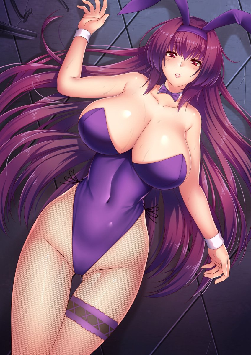 1girls big_breasts breastsleg_lift bunnysuit fate/grand_order fate_(series) megatama scathach_(fate) scathach_(piercing_bunny) solo