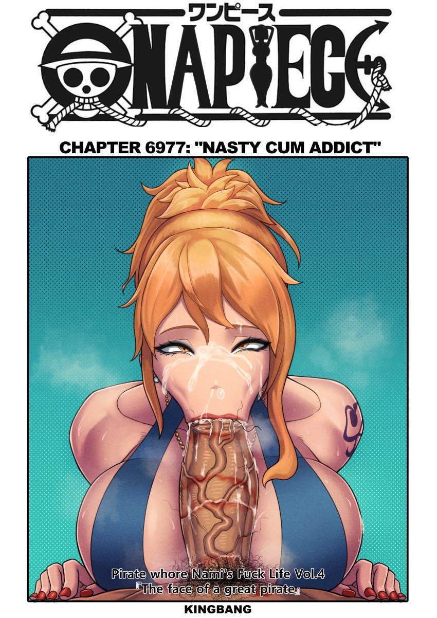 1boy 1girls :>= blowjob blowjob_face breasts cum cum_on_face dress fellatio female femsub human kingbang large_breasts light-skinned_male lipstick lipstick_mark lipstick_on_penis male male/female male_pov manga_cover nami one_piece oral penis pov shounen_jump stray_pubic_hair text uncensored veiny_penis