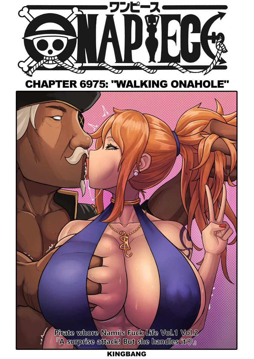 1boy 1girls abs breast_grab breasts cleavage dress female femsub huge_breasts human kingbang kissing large_breasts male manga_cover muscular muscular_female nami one_piece post-timeskip revealing_clothes shounen_jump text upper_body