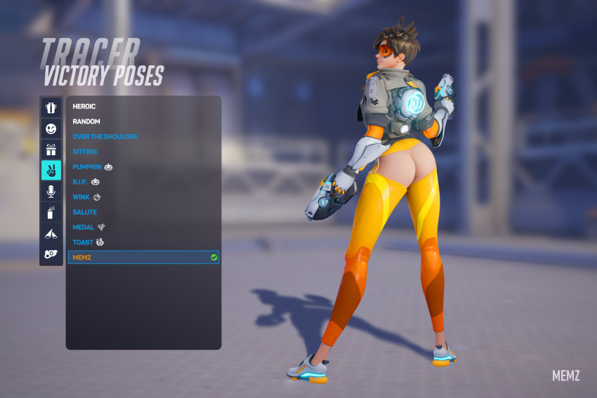 1girls 3d ass big_ass blender female female_only looking_back memz3d orange-tinted_eyewear overwatch overwatch_2 pinup solo tinted_eyewear torn_clothes tracer visor