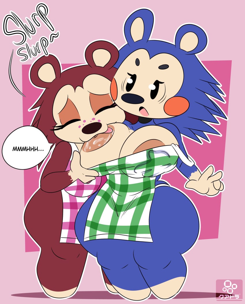 2girls absurd_res animal_crossing anthro areolae big_areola big_breasts blue_body blue_fur blue_skin brown_body brown_skin closed_eyes clothing cuadra_side duo english_text female female/female fur furry hedgehog hi_res huge_breasts huge_nipples implied_incest incest mabel_able mammal mammal_humanoid mostly_nude nintendo nipples open_mouth sable_able sibling simple_background sister sisters sucking sucking_nipples tan_body tan_fur text thick_thighs tongue tongue_out yuri