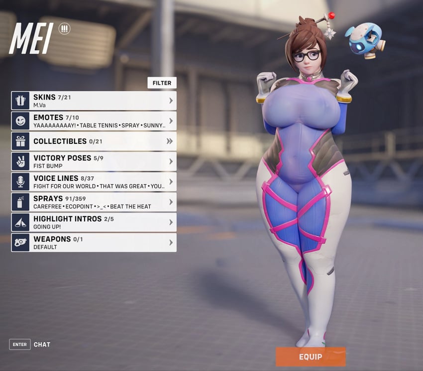 1girls 3d bodysuit busty chubby chubby_female clothing curvy d.va_(cosplay) female female_only fugtrup fully_clothed game_ui gameplay_mechanics glasses huge_breasts mei_(overwatch) nipple_bulge nipple_slip nipples_visible_through_clothing overwatch plump see-through skin_tight snowball_(overwatch) solo solo_female standing text tight_bodysuit tight_clothing venus_body voluptuous wide_hips