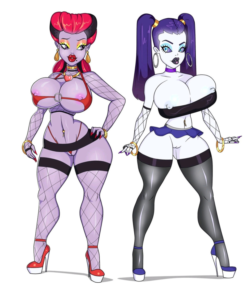 2girls bimbo bimbo_prostitute choker earrings female fishnets high_heels jose12mexico mattel miniskirt monster_high multiple_girls operetta panties peretta pigtails platform_heels prostitute prostitution purple_hair red_hair spectra_vondergeist twintails