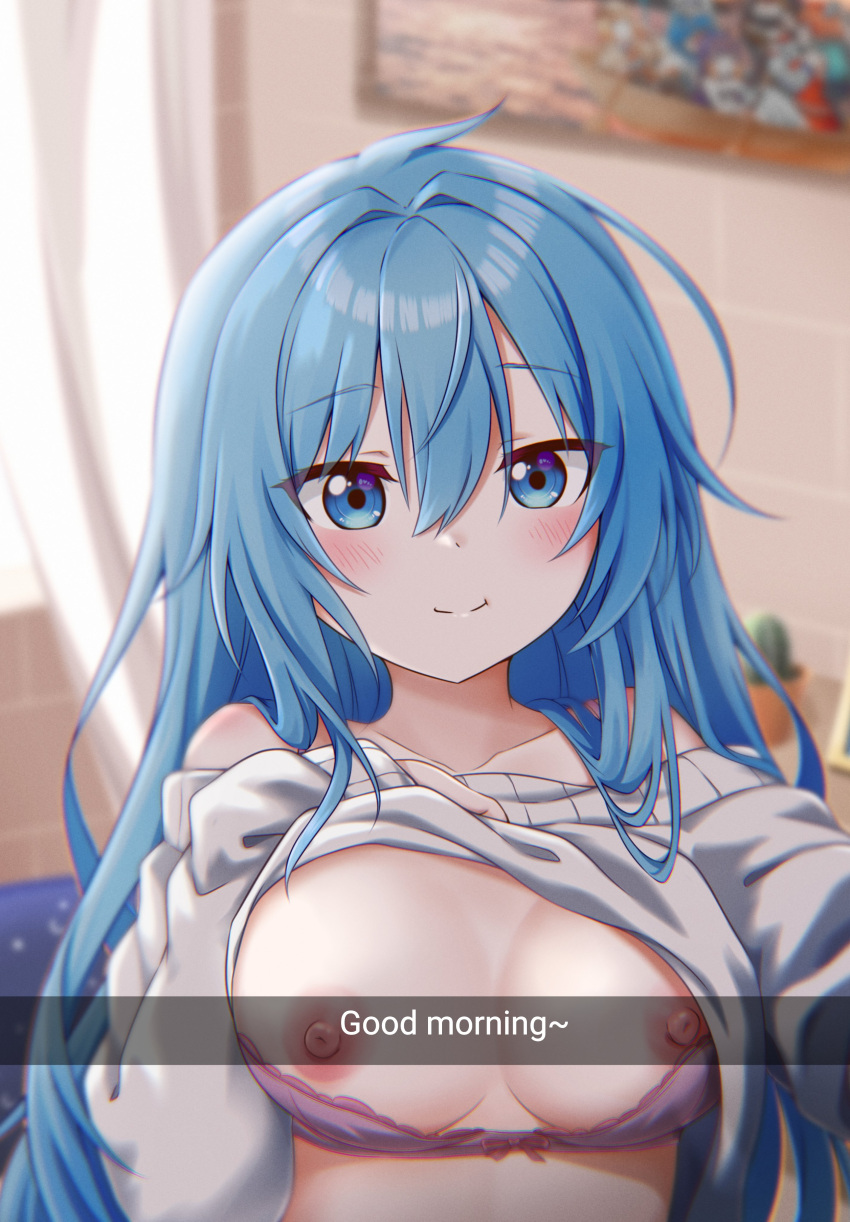 1girls bare_breasts bare_shoulders big_breasts blue_eyes blue_hair blush bra_down breasts breasts_out cute english_text exposed_breasts exposed_shoulders jan_azure looking_at_viewer medium_breasts original_character pulling_up_sweater showing_breasts showing_off smile smiling_at_viewer solo solo_female solo_focus sweater text