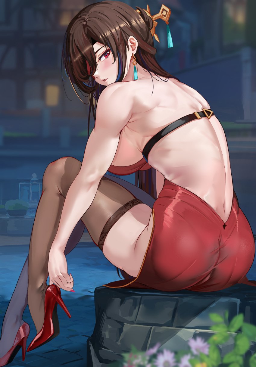 1girls ass backless_outfit beidou_(genshin_impact) breasts brown_hair dress eyepatch female genshin_impact heels hi_res high_heels hips huge_breasts large_ass large_breasts light-skinned_female light_skin looking_at_viewer loooyd pale-skinned_female red_eyes red_heels red_high_heels slim_waist solo solo_female thick_thighs thighs wide_hips