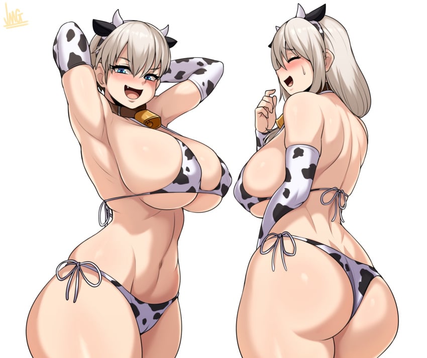 2girls arms_behind_head artist_signature big_ass blue_eyes blush bra choker closed_eyes cow_girl cow_print cowbell erect_nipples female_only jmg large_breasts looking_at_viewer milf mother_and_daughter multiple_girls panties sweatdrop thick_thighs uzaki-chan_wa_asobitai! uzaki_hana uzaki_tsuki white_hair wide_hips