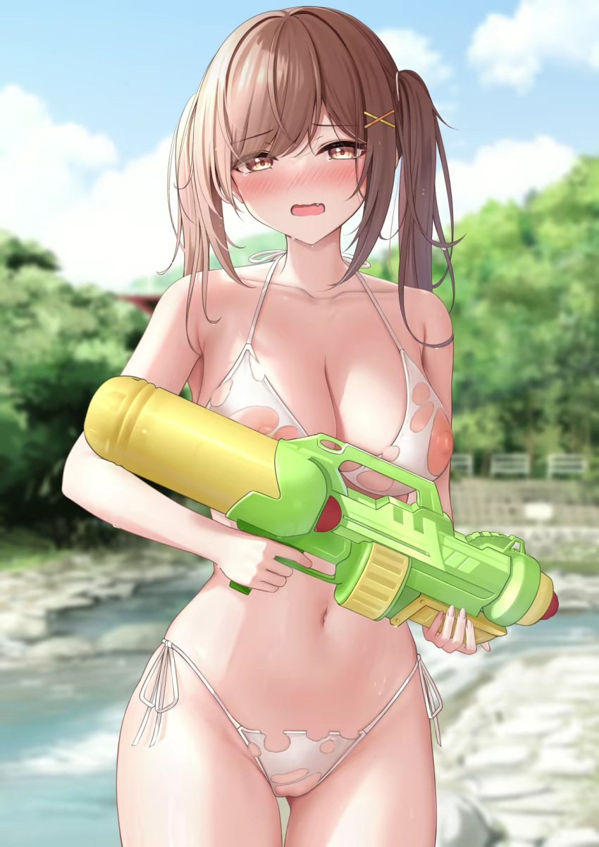 1girls amber_eyes areolae bangs bikini blurry_background blush breasts brown_eyes brown_hair cleavage collarbone cowboy_shot day embarrassed female hair_ornament highres holding holding_water_gun large_areolae large_breasts long_hair looking_at_viewer monaka_curl navel nipples original outdoors parted_lips side-tie_bikini_bottom solo swimsuit torn_panties twintails wardrobe_malfunction water_gun white_bikini