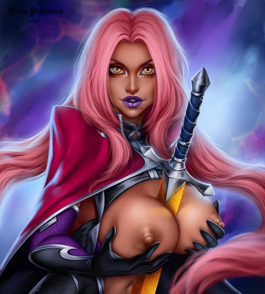 1girls 2020s 2022 2d 2d_(artwork) areolae beauty_mark between_breasts big_breasts breasts breasts_out busty cape dark-skinned_female dark_skin elbow_gloves female female_focus female_only hourglass_figure ingrid_(taimanin_asagi) large_breasts lipstick long_hair makeup mrg_dark_princess navel nipples orange_eyes over_1080p pink_hair purple_lips purple_lipstick sword_between_breasts taimanin_(series) taimanin_asagi_battle_arena wide_hips