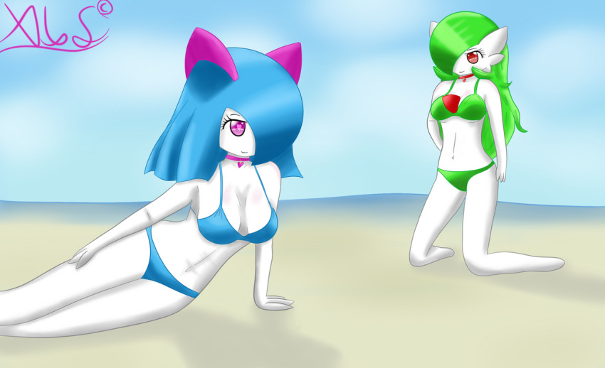 bare_arms bare_back bare_legs bare_midriff bare_shoulders bare_thighs barefoot belly_button bikini bikini_bottom bikini_top blue_bikini blue_bikini_bottom blue_bikini_top blue_hair collar gardevoir green_bikini green_bikini_bottom green_bikini_top green_hair heart-shaped_pupils horns kirlia long_green_hair long_hair midriff navel pink_collar pink_eyes pink_horns pok&eacute;mon_(species) pokemon pokemon_(species) pokemon_rse pokemon_ss red_collar red_eyes red_horns shiny_pokemon short_blue_hair short_hair