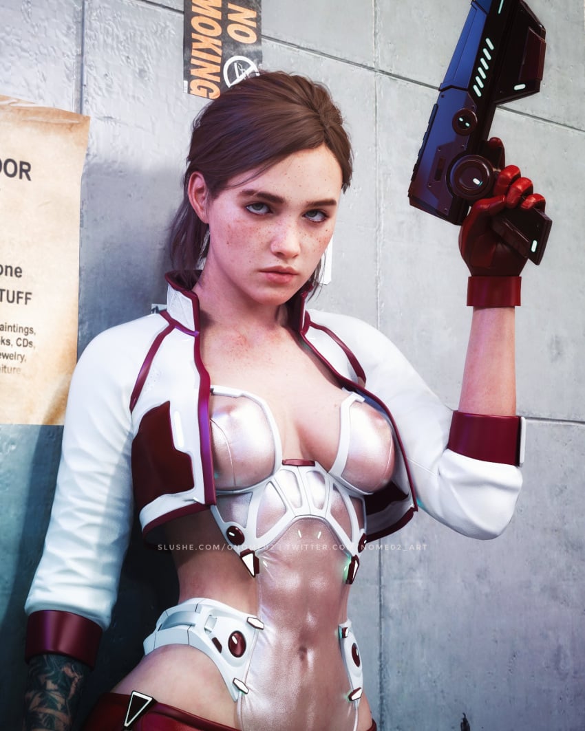 1girls 3d 3d_(artwork) alternate_breast_size alternate_costume alternate_outfit alternate_universe alternate_version_available areolae arm_tattoo bare_breasts bare_midriff bodysuit breasts brown_hair close-up clothing cyberpunk ellie_(the_last_of_us) ellie_williams female female_focus female_only firearm freckles front_view gloves gnome02 gun handgun handwear hi_res highres holding_weapon human jacket leaning_against_wall leotard long_sleeves looking_at_viewer medium_breasts midriff naughty_dog nipples nipples_visible_through_clothing outerwear pale_skin pistol short_hair solo solo_female solo_focus sony_interactive_entertainment tattoo tattoo_on_arm tattooed_arm the_last_of_us the_last_of_us_2 tied_hair translucent_clothing translucent_latex transparent_clothing transparent_latex upper_body weapon