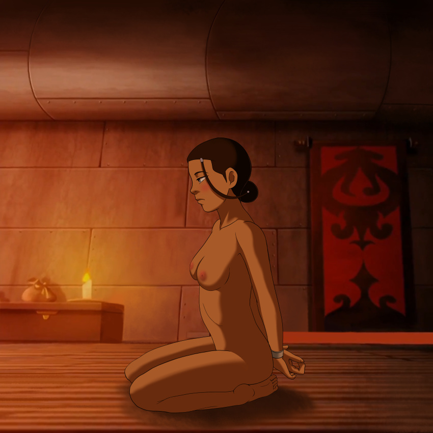 1girls avatar_the_last_airbender blush bondage completely_nude dark-skinned_female full_body handcuffs katara medium_breasts munshin nickelodeon nicktoons