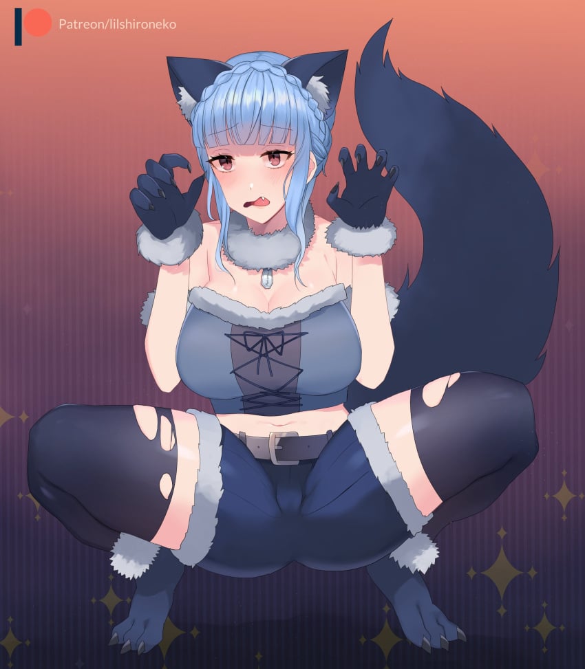 1girls alternate_costume big_breasts blue_hair cosplay female female_only fire_emblem fire_emblem:_three_houses halloween halloween_costume lilshironeko marianne_von_edmund nervous nintendo oerba_yun_fang pose roaring solo spread_legs squatting werewolf wolf_ears wolf_tail