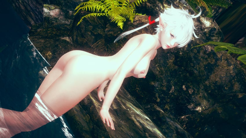 3d 3d_(artwork) 3d_model alisaie_leveilleur ass bathing breasts effineffer elezen elf elf_ears final_fantasy final_fantasy_xiv medium_breasts nipples nude pointy_ears square_enix white_hair