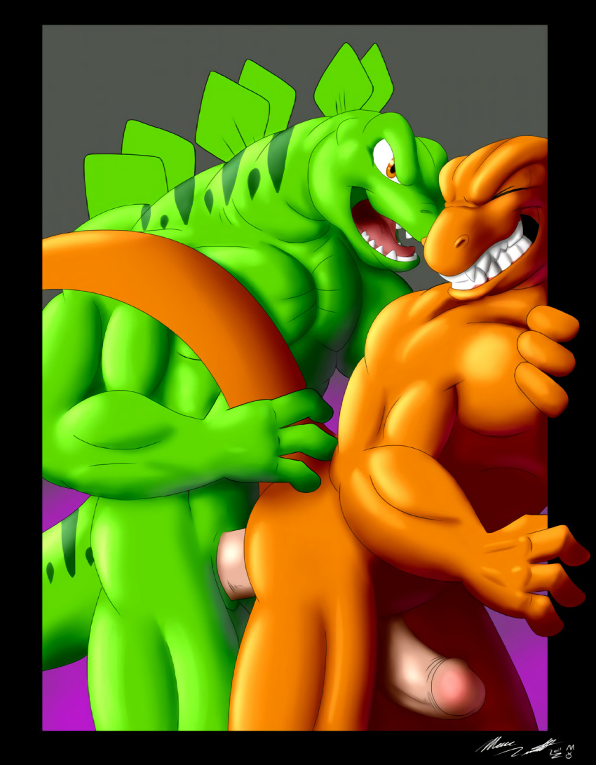 anal anal_sex anthro autograph bad_rap dinosaur duo extreme_dinosaurs green_body male male/male male_only marc_leonhardt muscular muscular_male open_mouth orange_body painful penetration penis sex stegz_(extreme_dinosaurs) t-rex teeth