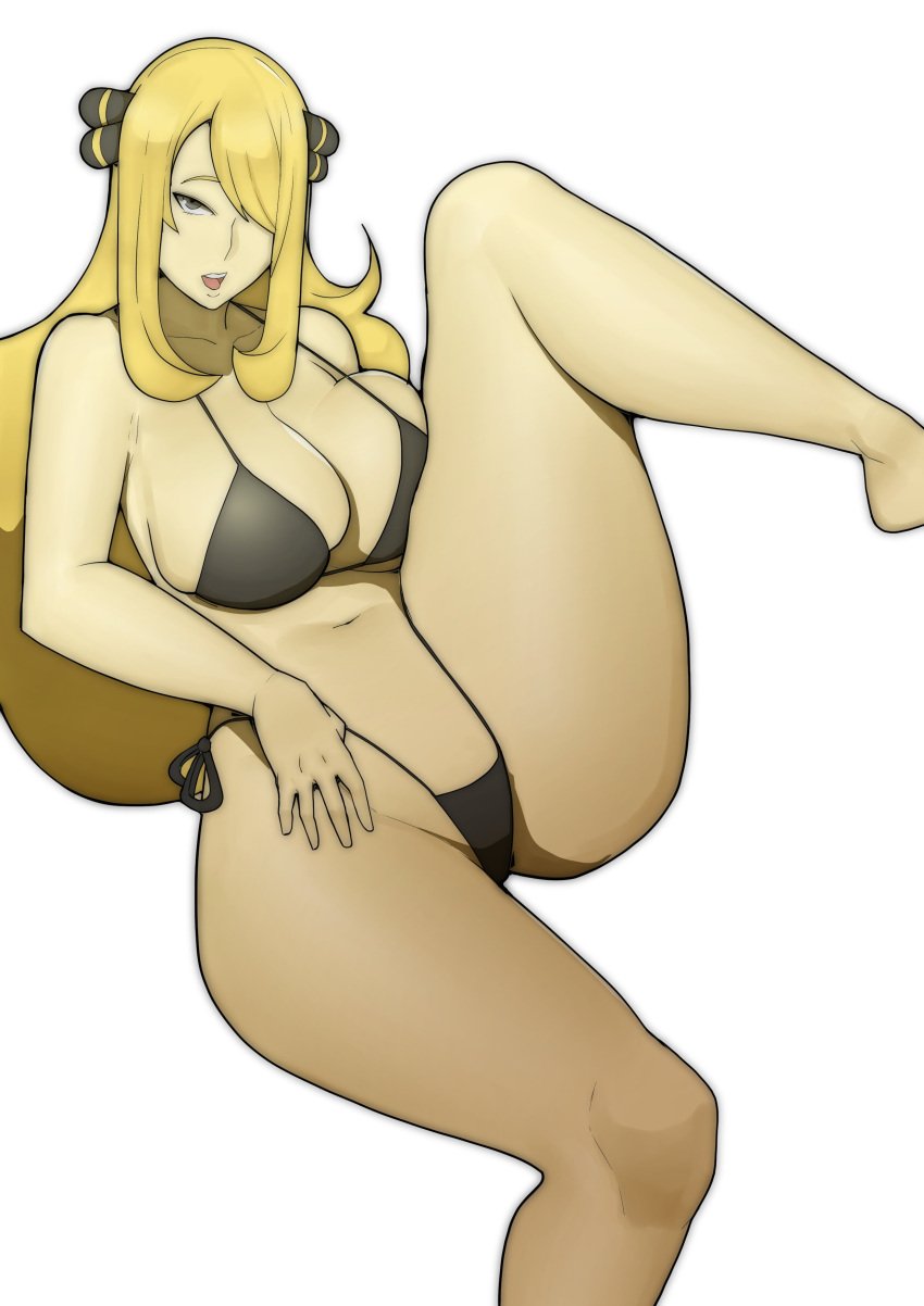 1girls big_breasts bikini blonde_hair breasts cynthia_(pokemon) doublehero eye_contact female game_freak hair_ornament light_skin long_hair looking_at_viewer nintendo pokemon pokemon_(game) pokemon_dppt solo thick_thighs thighs