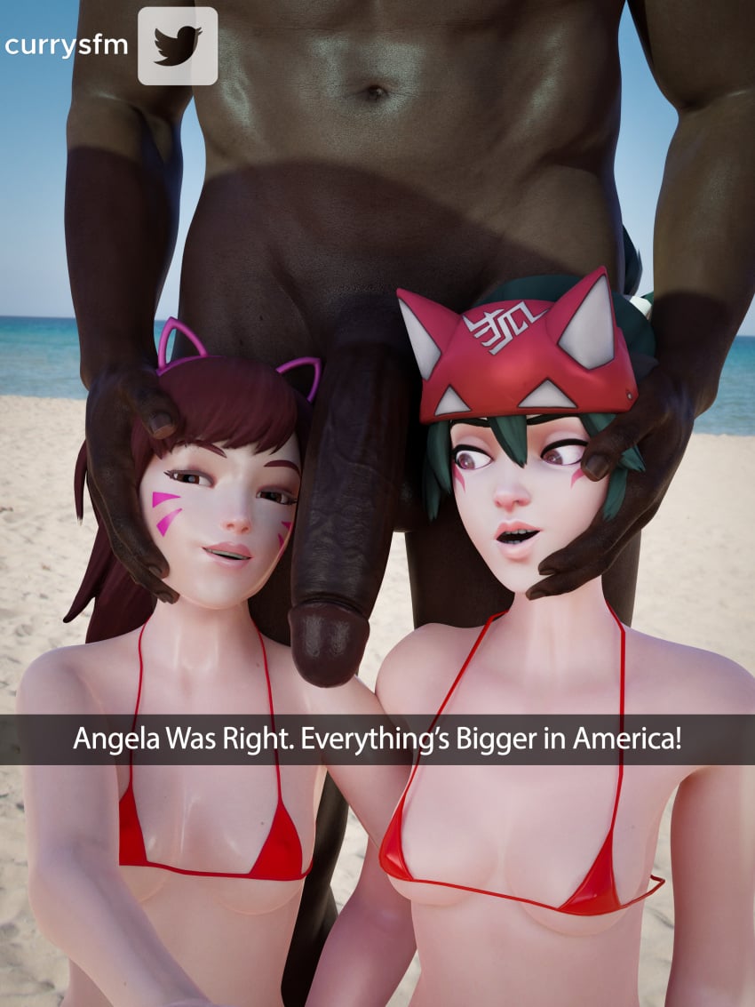 1boy 2girls 3d 3some big_penis bikini blizzard_entertainment breasts brown_hair caressing_face caressing_head caressing_head_next_to_hip currysfm d.va dark-skinned_male dark_skin english_text female ffm_threesome green_hair hand_on_another's_head hand_on_face hand_on_head hands_on_face hanging_penis interracial kiriko_(overwatch) looking_at_penis looking_at_viewer male multiple_girls overwatch overwatch_2 penis penis_out selfie text threesome unseen_male_face