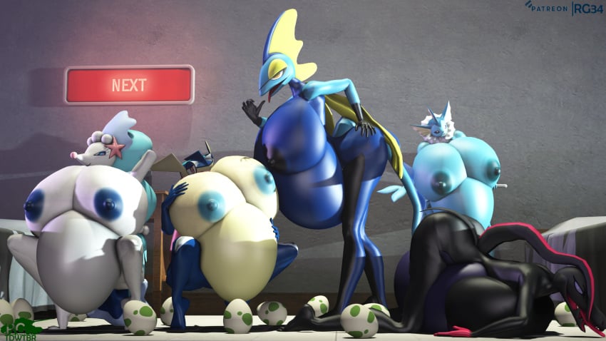 3d big_breasts eeveelution egg egg_laying female female_only greninja huge_belly huge_breasts hyper hyper_breasts inteleon pokémon_(species) pokemon pokemon_(species) pregnant primarina rgtdwtbr salazzle source_filmmaker vaporeon