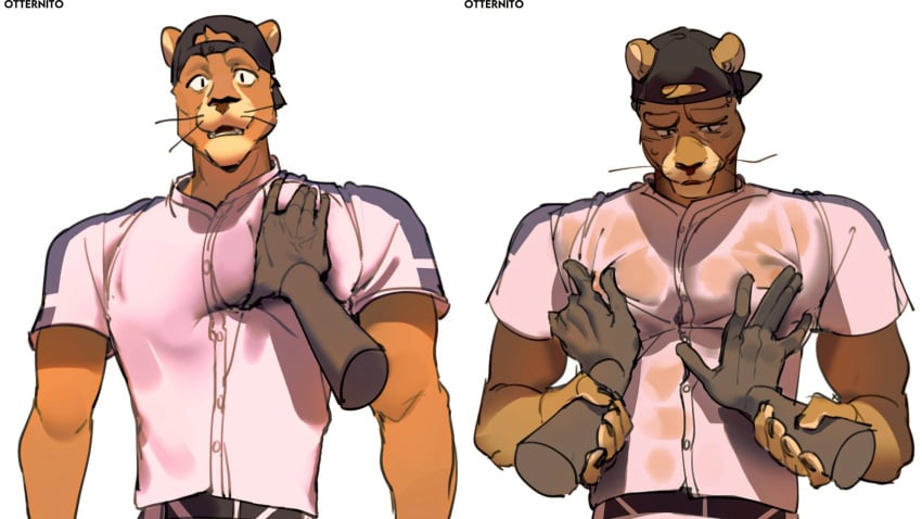 2boys baseball_cap clothed clothing cougar feline fur furry gay humanoid looking_at_another male male/male male_only nipples otternito pecs shirt yaco_puma yaquis_de_obregon