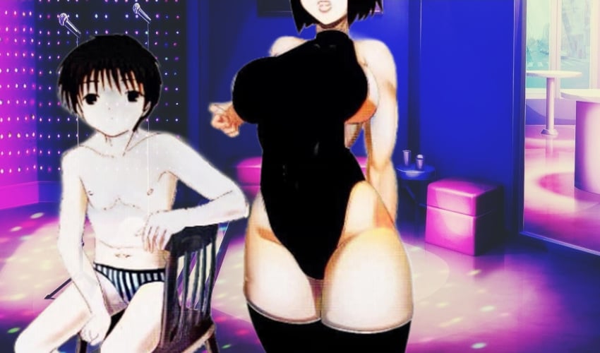 1boy 1girls age_difference black_dress black_hair black_nose black_panties catgirl cleavage edit embarrassed female koikatsu larger_female lingerie looking_at_viewer maid mature_female milf mother mother_and_son motherly_cuckold nervous nude_male older_female rich seated silhouette sister size_difference slave smaller_male sweat thick_thighs younger_male