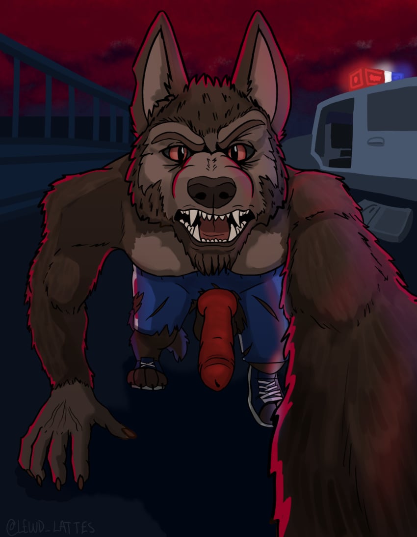 animal_genitalia animal_humanoid animal_penis anthro bottomwear canid canid_humanoid canine canine_humanoid canine_penis car character_request clothing erection fangs genitals goosebumps_(film) hi_res humanoid lewd_latte male mammal mammal_humanoid pants penis police_car red_eyes red_sky shirtless sky solo torn_bottomwear torn_clothing torn_pants vehicle were werecanid werecanine werewolf