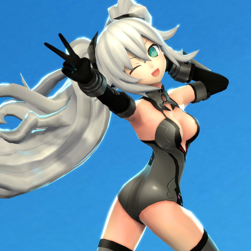 1girls arm_behind_head armpits ass big_breasts black_heart busty cleavage female female_only gloves goddess green_eyes happy large_breasts legs leotard long_hair looking_at_viewer neptunia_(series) noire one_eye_closed open_mouth pose posing smile solo thighs twintails v white_hair wink