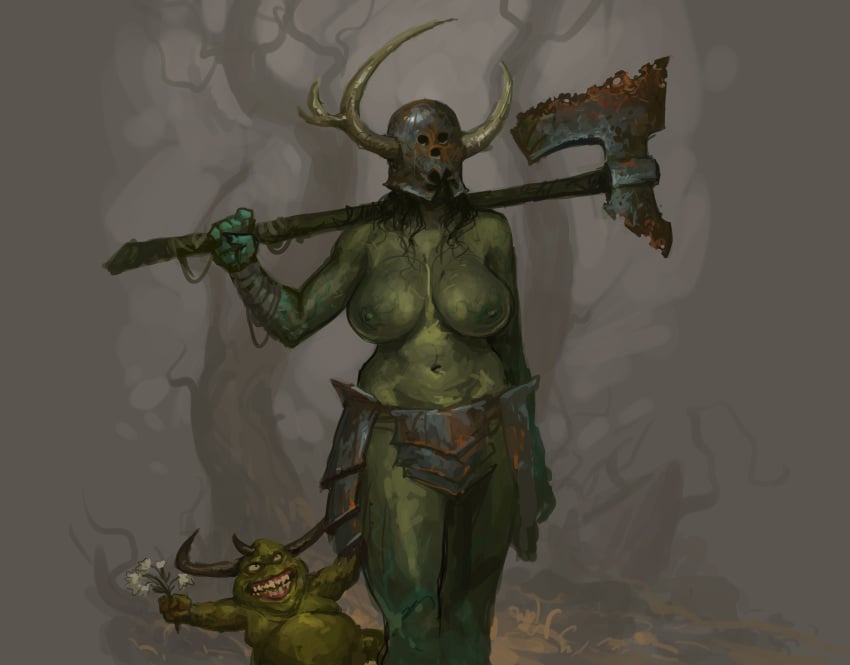 armed axe broken_horn casual_nudity chaos_(warhammer) demon female games_workshop helmet horn infected justsomenoob masked_female melee_weapon nightmare_waifu norscan nurgle nurglette nurgling solo_focus warhammer_(franchise) warhammer_age_of_sigmar warhammer_fantasy weapon_over_shoulder