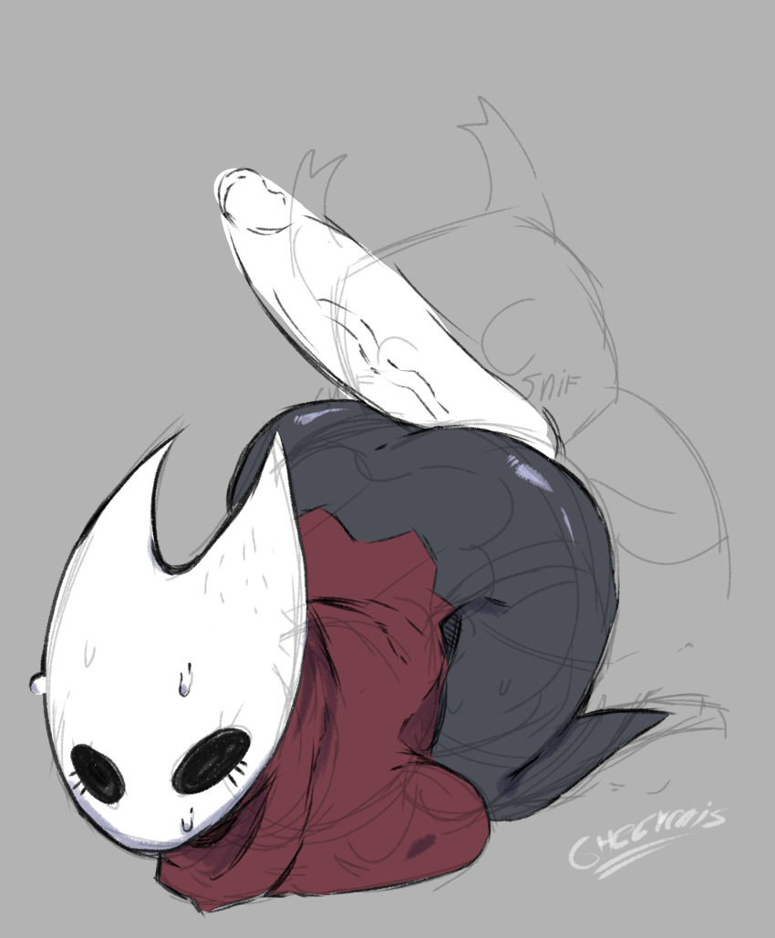 1boy 1girls anthro anthropod big_breasts breast_squish cloak clothed clothing doggy_style geeremis hollow_knight hornet_(hollow_knight) imminent_sex incest insect large_ass large_penis nervous nervous_sweat no_humans nub_feet penis_awe protagonist_(hollow_knight) sniffing squish submissive submissive_female sweating teasing text veiny_penis vessel_(species) voluptuous