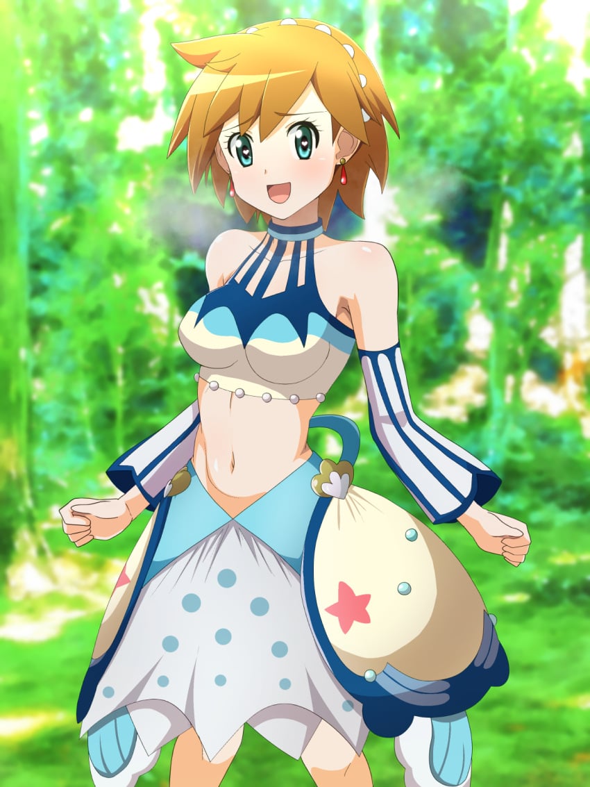 aqua_eyes bangs bare_shoulders blush breasts clavicle clothing detached_sleeves earrings eyelashes female female_only forest game_freak green_eyes heart heart-shaped_pupils high_resolution jewelry kasumi_(pokemon) looking_at_viewer nature navel nintendo official_alternate_costume open-mouth_smile open_mouth orange_hair outdoors pokemon pokemon_(game) pokemon_masters pokemon_masters_ex serious_costume_kasumi shirt short_hair skirt smile solo sygna_suit_misty symbol-shaped_pupils yugo-eti